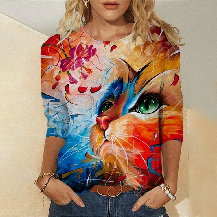 Casual Cartoon Cat Print T-shirt