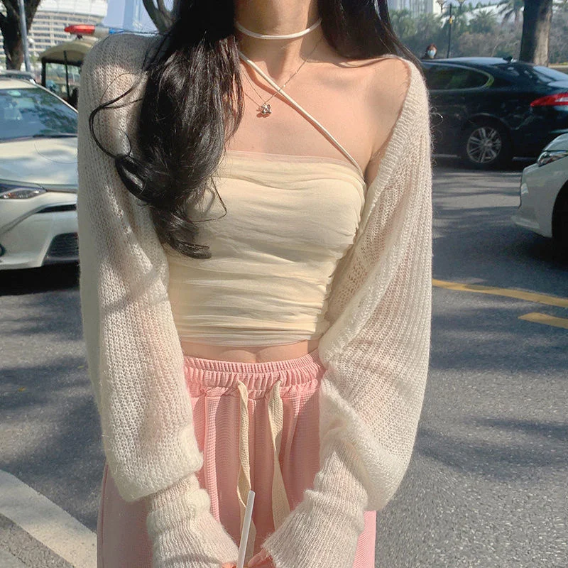 Uveng Uveng Neck Top Female Pure Lust Wind Hot Girl Tight Short Mesh Yarn Irregular Sling Vest Set On The Bottom Shirt Summer