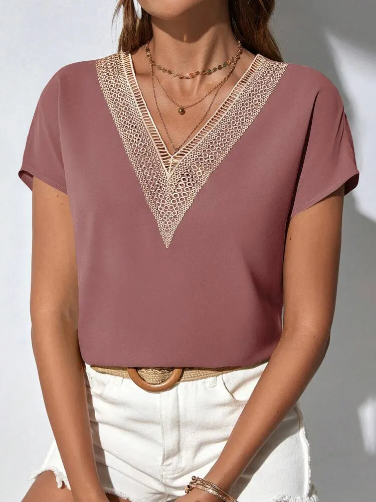 Guipure Lace Panel Batwing Sleeve Blouse