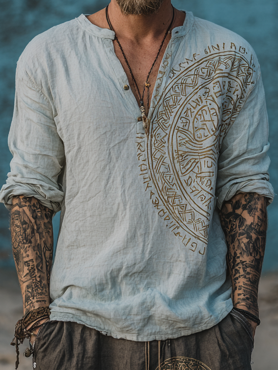 Men's Compass Viking-Inspired Long Sleeve Linen Henley Shirt / Rvogue / Rvogue