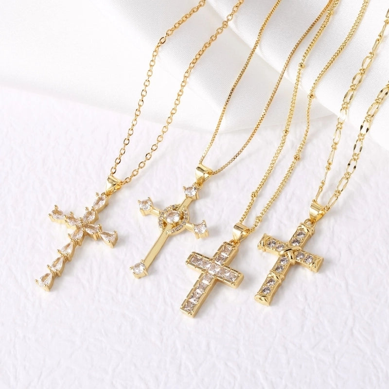 201 Stainless Steel Copper Cable Chain Box Chain 18K Gold Plated Inlay Cross Zircon Pendant Necklace