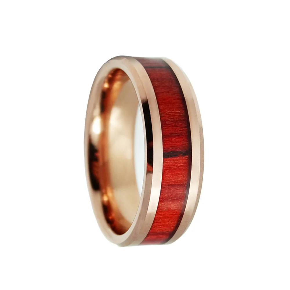 8MM Mens Rose Gold Tungsten Rings Wood Inlay Polished Beveled Edge