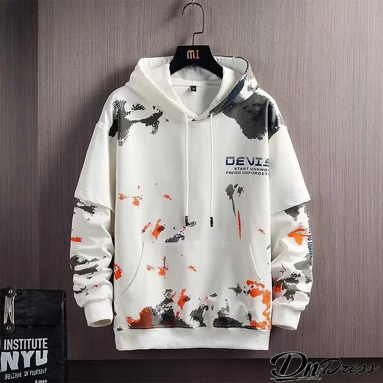 Men Casual Long Sleeve Hat Rope Pocket Design Letter Printed Hoodie