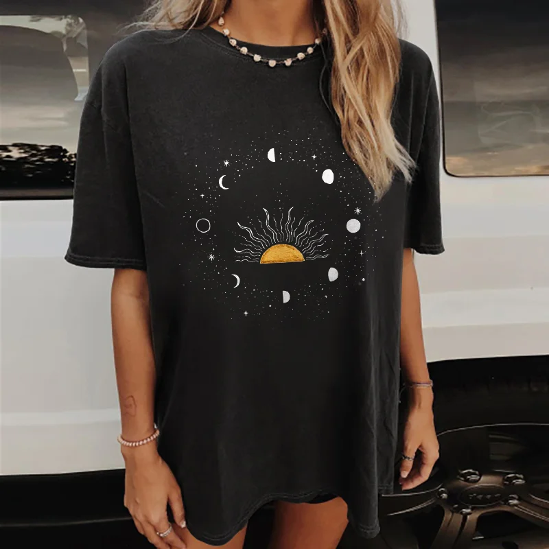 Neojana Fashion Sun Moon Phases Print T-Shirt - Neojana