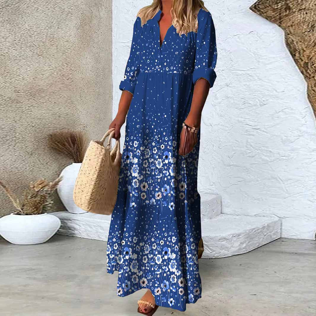 Women Floral, Blue, White DZDN1141 SPU Printed Long Sleeve V-neck Maxi Dress