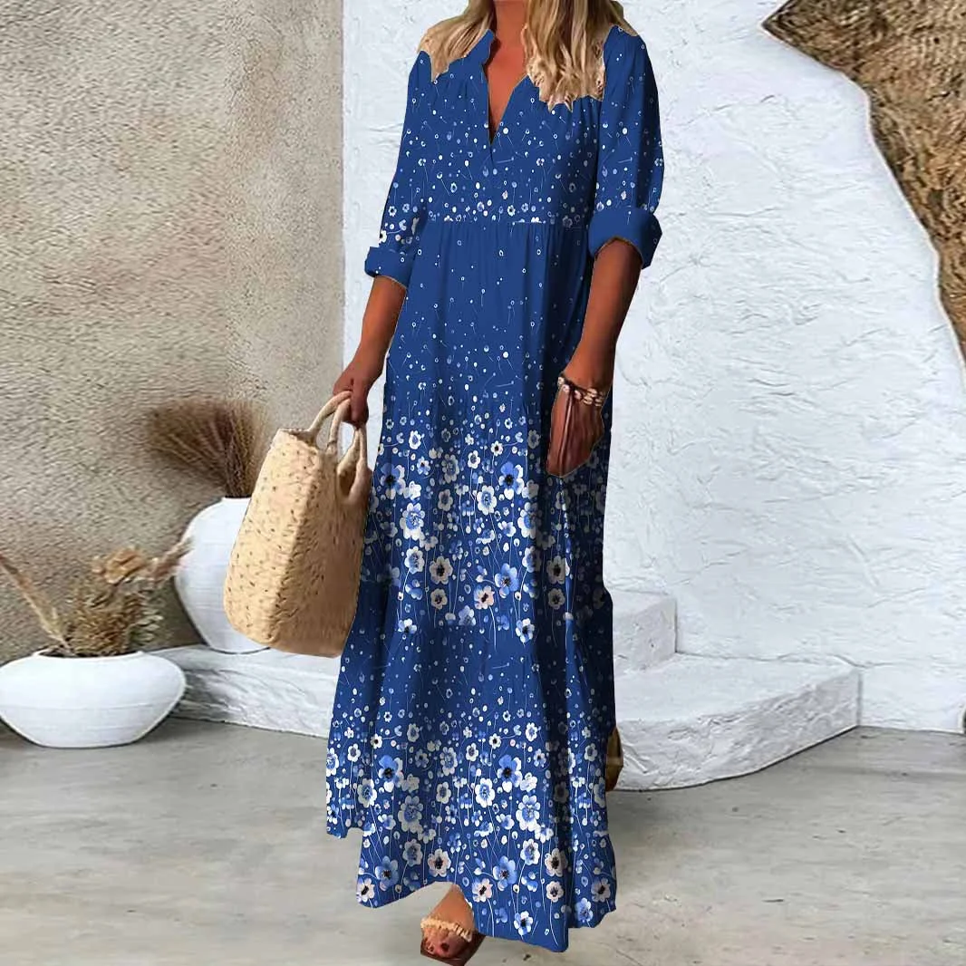 Women Floral, Blue, White DZDN1141 SPU Printed Long Sleeve V-neck Maxi Dress
