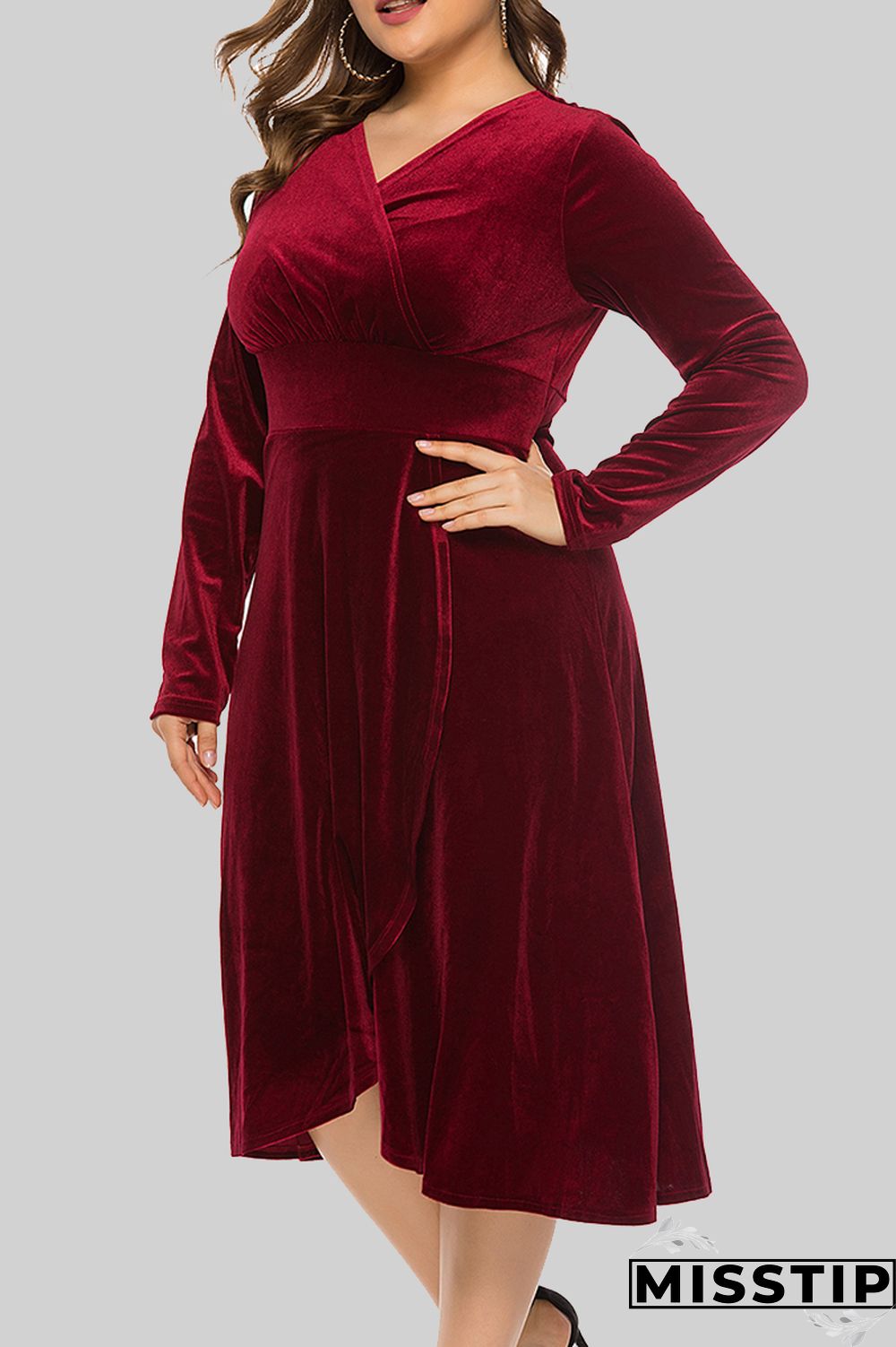 Burgundy Casual Solid Patchwork V Neck Long Sleeve Plus Size Dresses