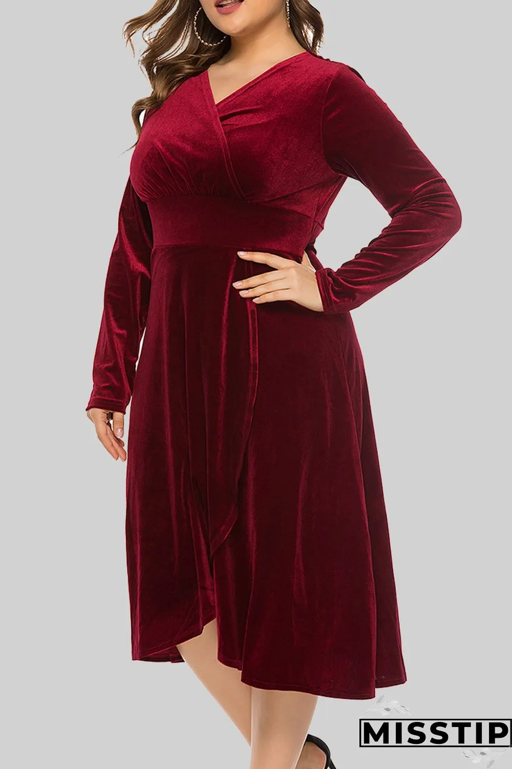 Burgundy Casual Solid Patchwork V Neck Long Sleeve Plus Size Dresses