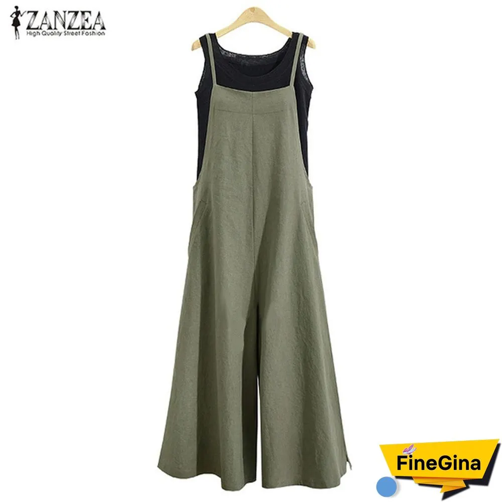ZANZEA Summer Women Cotton Loose Strappy Romper Long Pants Wide Legs Jumpsuit Pure Color Plus