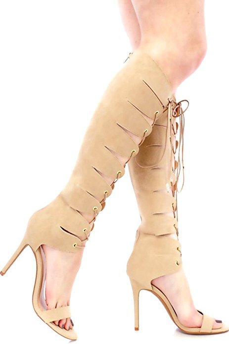 Women's Apricot Lace-up Stiletto Heel  Knee-high Gladiator Heels |FSJ Shoes