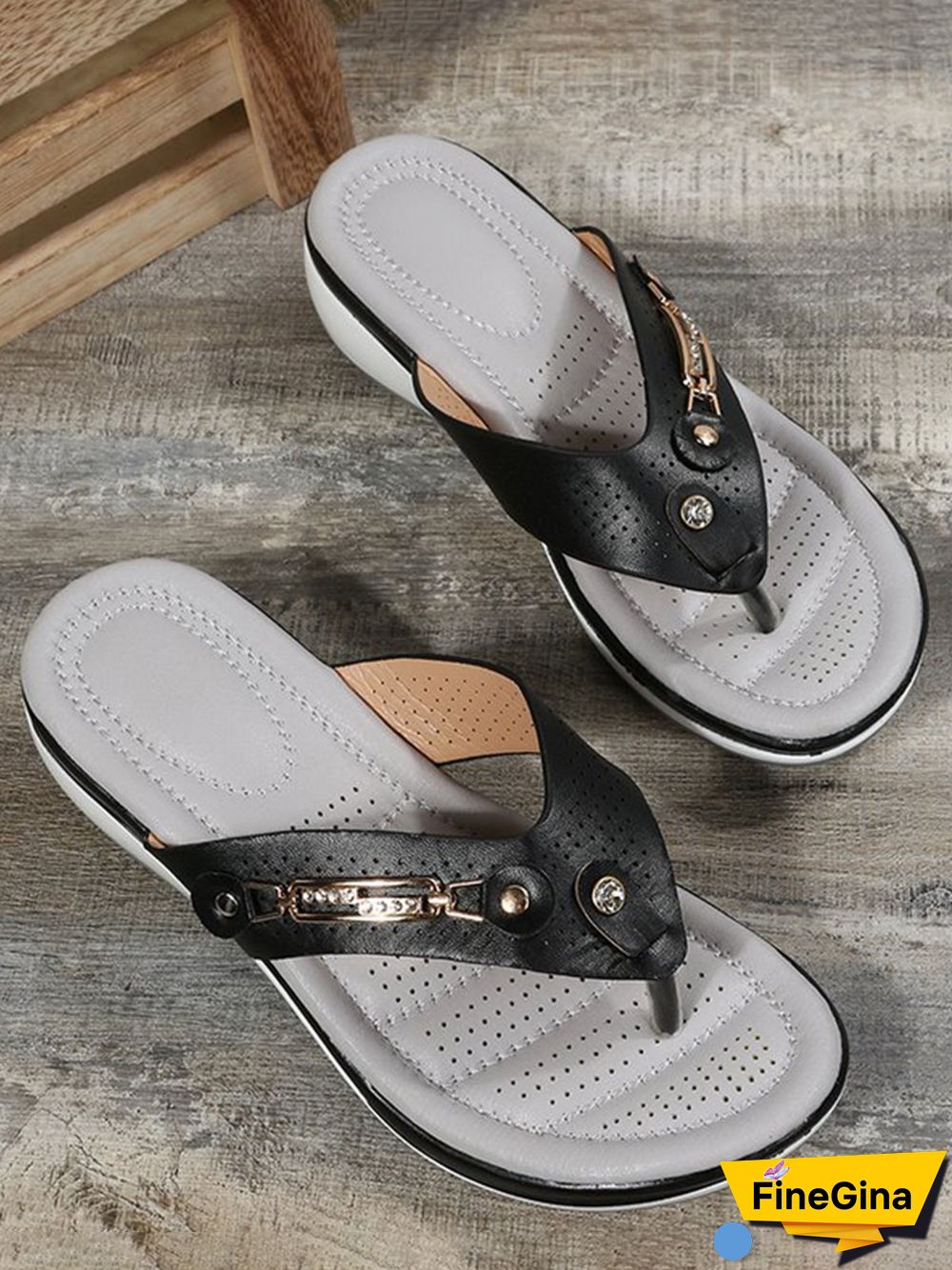 Metal Rhinestone Slope Heel Flip-Flops