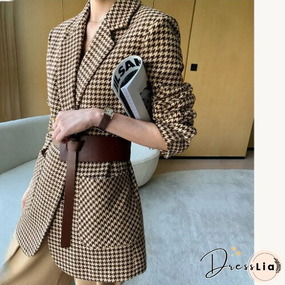 Women Jacket Long Sleeve Plaid Blazer With Belt Autumn Coat Office Lady Elegant V-Neck Over Size Blazers For Women With Pockets