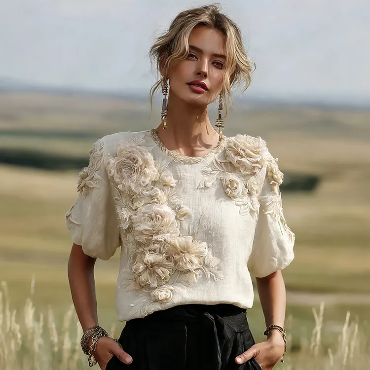 Women's Floral Pattern Linen Crew Neck Short Sleeve T-shirt