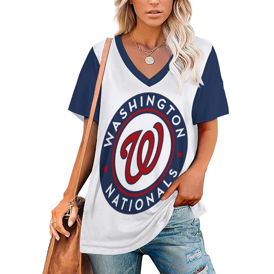 V-neck Short Sleeve Casual T-shirt for  Women Printed with Pattern , Blue, Red