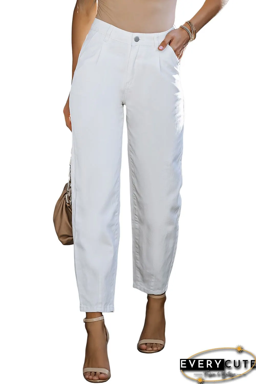 White Solid High Waist Casual Pants