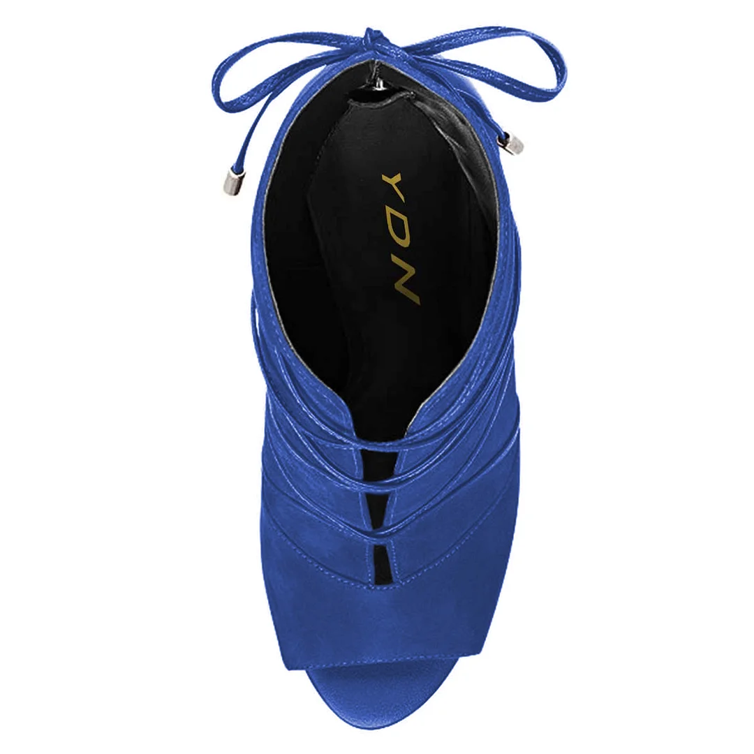 Elegant Blue Faux Suede Peep Toe Back-Zip Over All Lace-Up High Heels