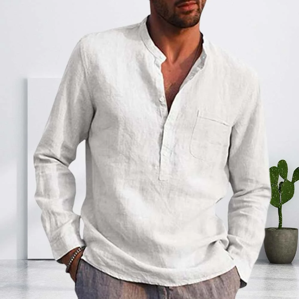 Smiledeer Men's Long Sleeve V Neck Casual Linen Shirt