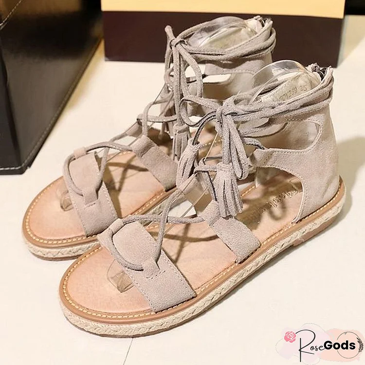 Women Summer Gladiator Sandals Lace-Up Peep Toe Flat Tassel Cross Tied Beach Shoes