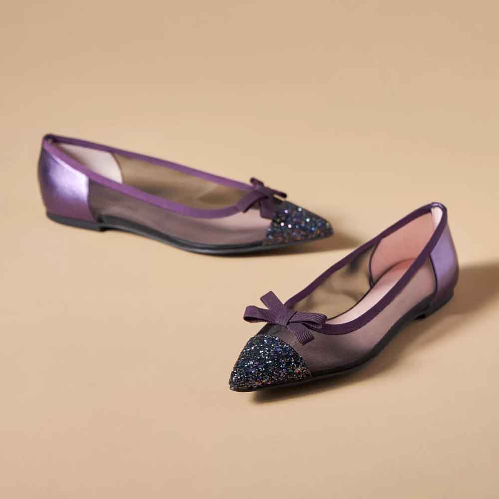 Purple Mesh Patchwork Glitter Toe Cap Slip-On Flats with Bows Nicepairs