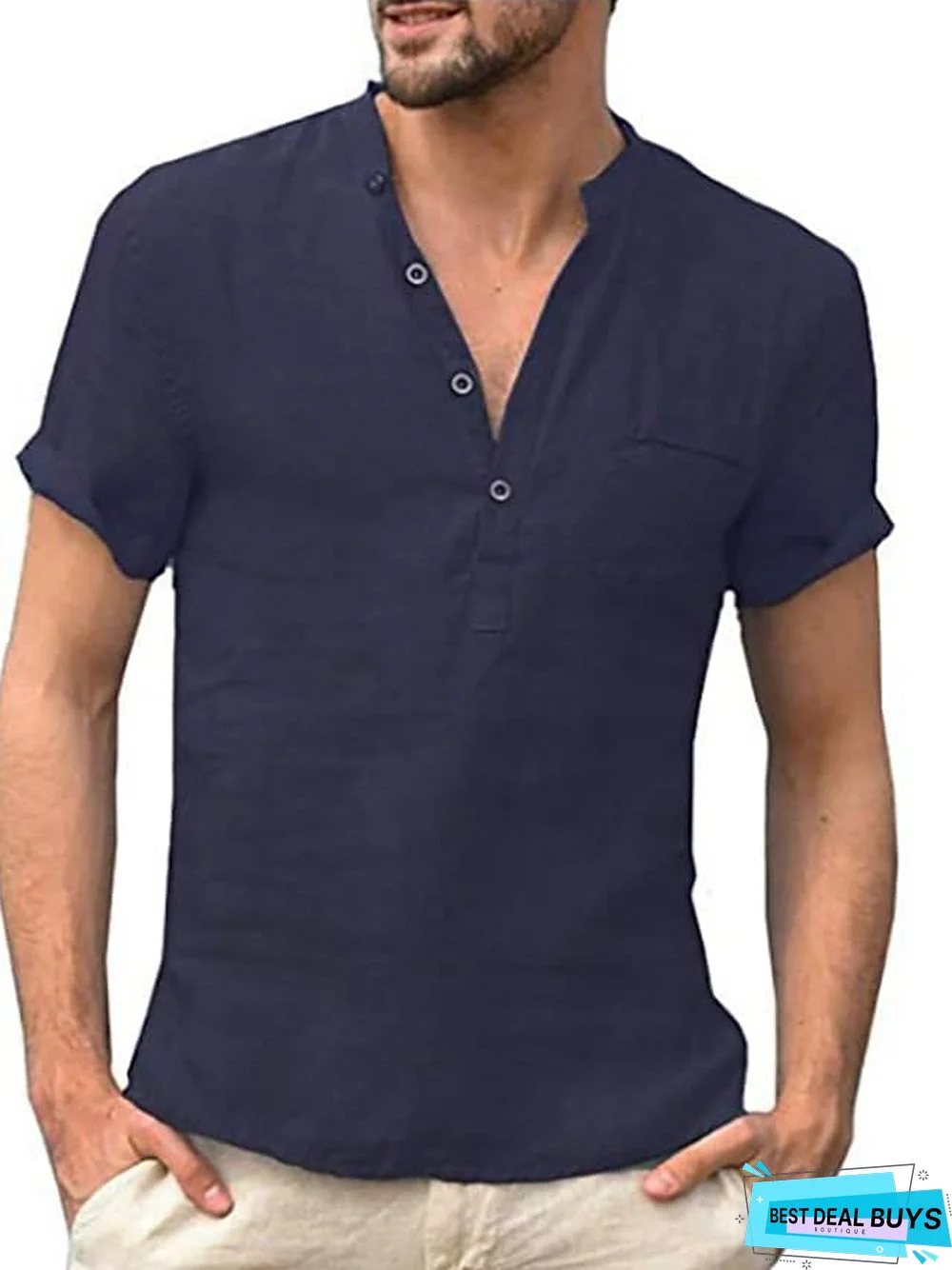 Men's T-Shirt Solid Colored Short Sleeve Daily Tops Cotton Basic Streetwear V Neck Gray Green White / Work Linen