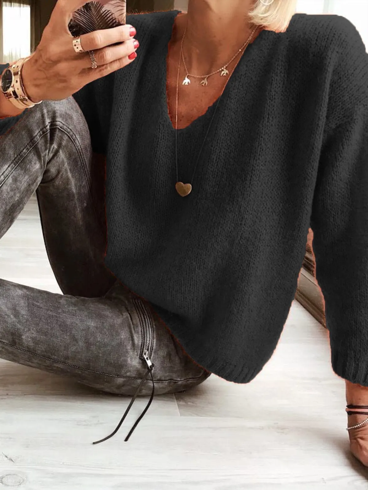Woman Wool blend Casual V Neck Plain Sweater