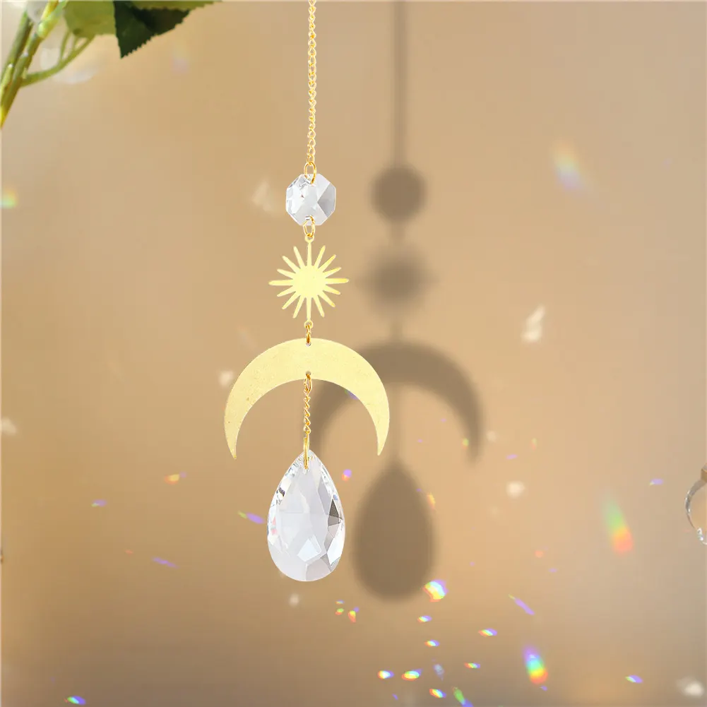 1/4pcs Hanging Crystal Light Catcher Metal Moon Sun Garden Wall Wind Chime