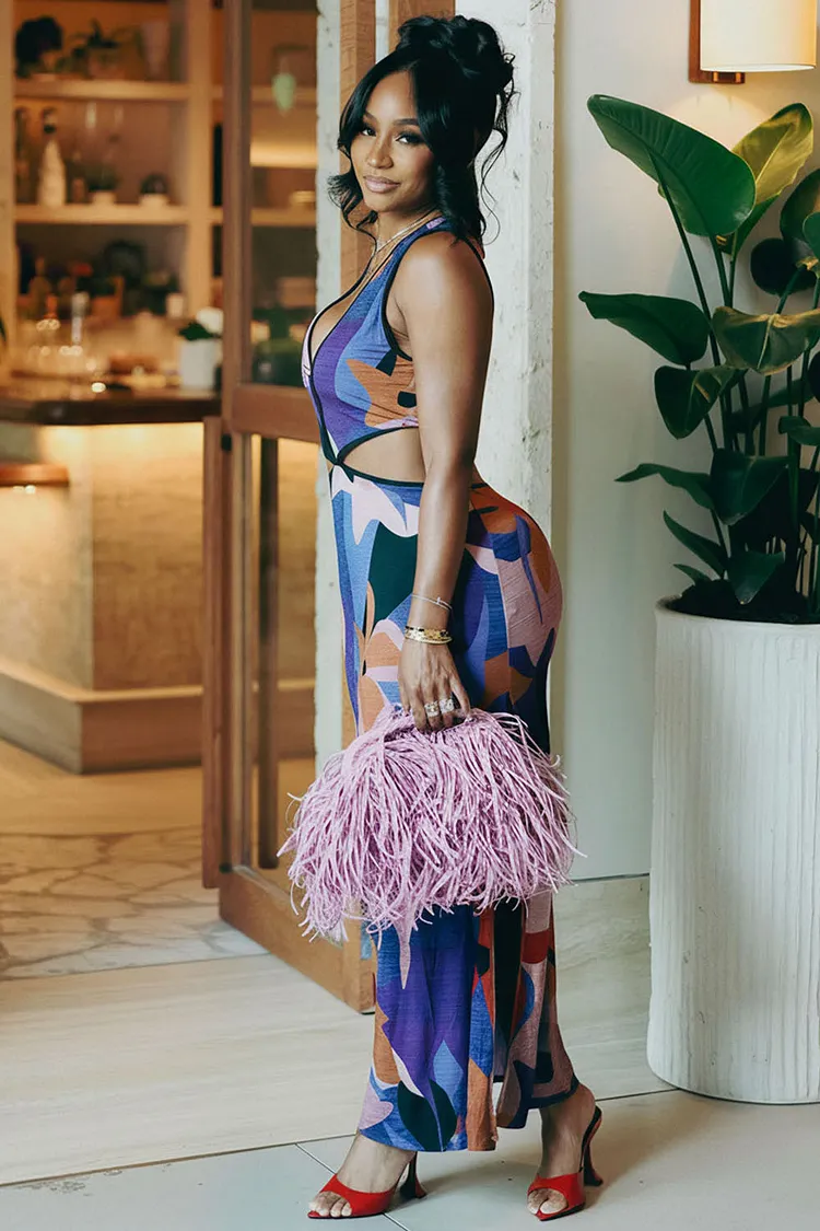 vacation maxi dresses for women All Over Print Cut Out Slim Fit Vacation Maxi Dresses-Multicolor [Pre Order]