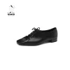 Square Head Low Heel Shoes Female Deep Mouth Single Shoes Thick With Small Leather Shoes Lace Up Black Sheepskin Women Shoes