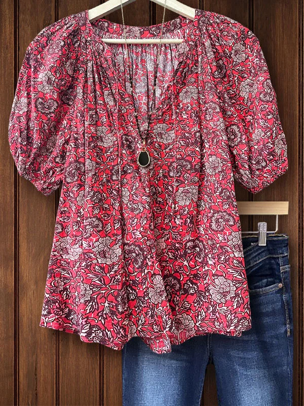 Retro Floral Print V Neck Top