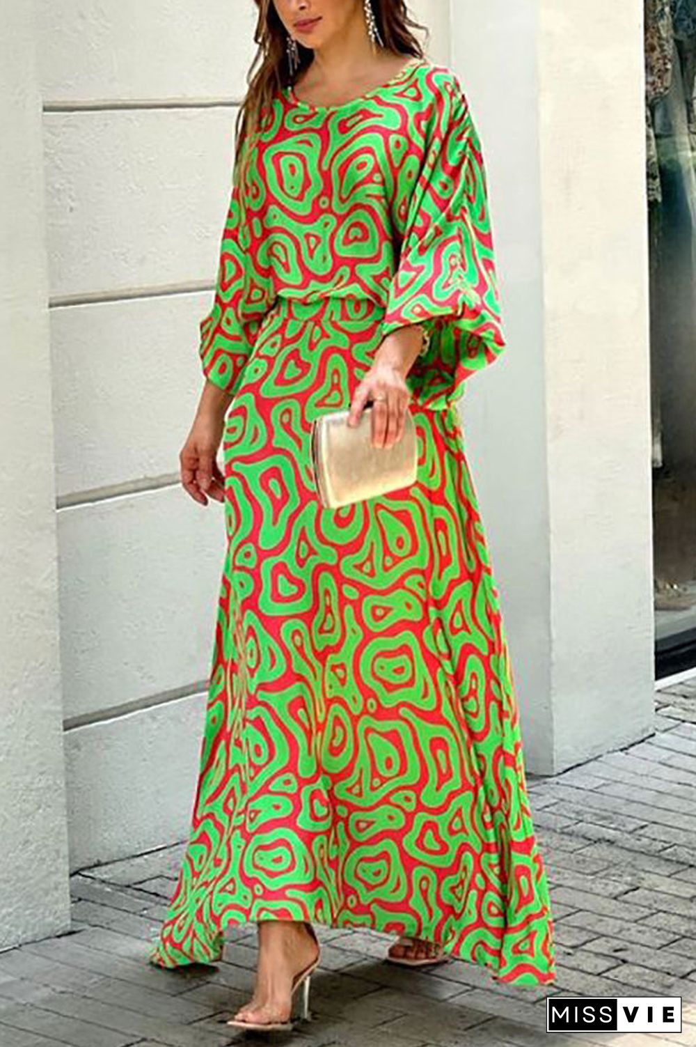 Print Bat Blouse Maxi Skirts Set