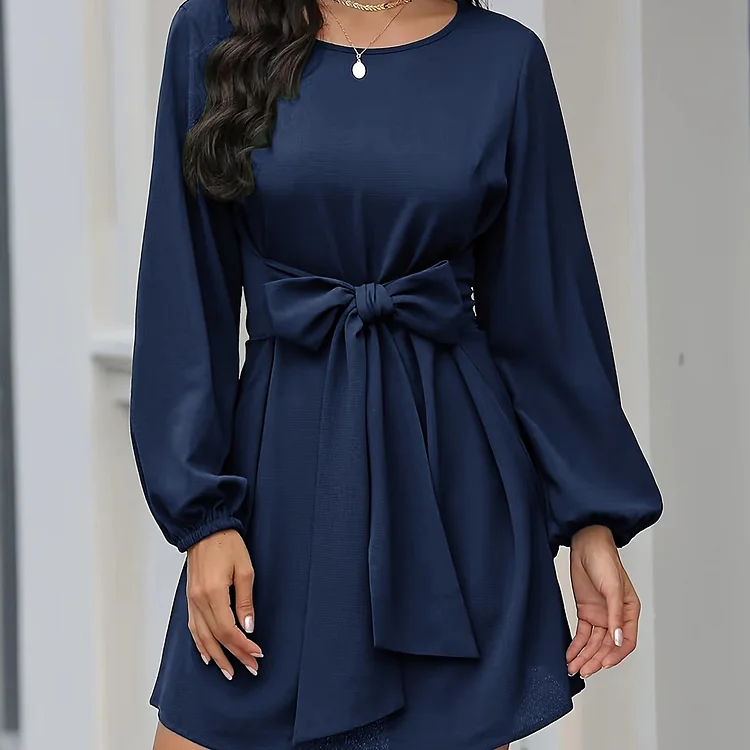 Tie Front Solid Dress, Elegant Crew Neck Long Sleeve Dress, Women's Clothing