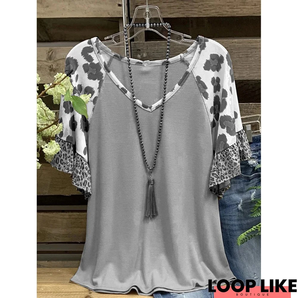 Gray Floral Cotton-Blend Casual T-shirt