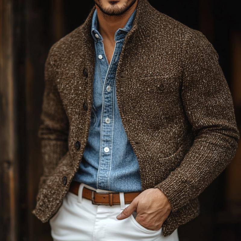 Men's Retro Stand Collar Multi-Pocket Sweater Cardigan