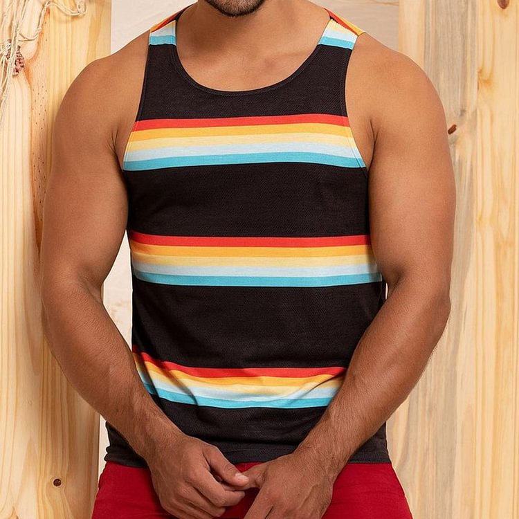 Summer Men's Rainbow Stripes Print Tank Top Beach Casual Breathable Sleeveless Vest T-Shirt