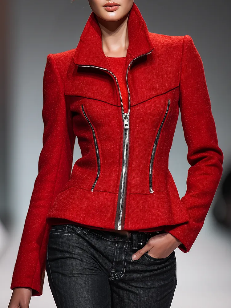 Urban Elegant Vintage Zipper Stand Collar Jacket