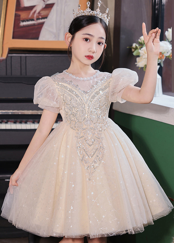 VCSHOES Champagne O-Neck Patchwork Sequins Tulle Kids Long Dresses Summer