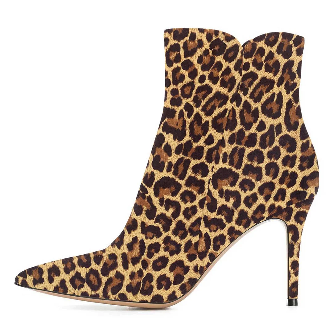 Stiletto Heel Pointed Toe Zipper Leopard Print Short Boots for Women