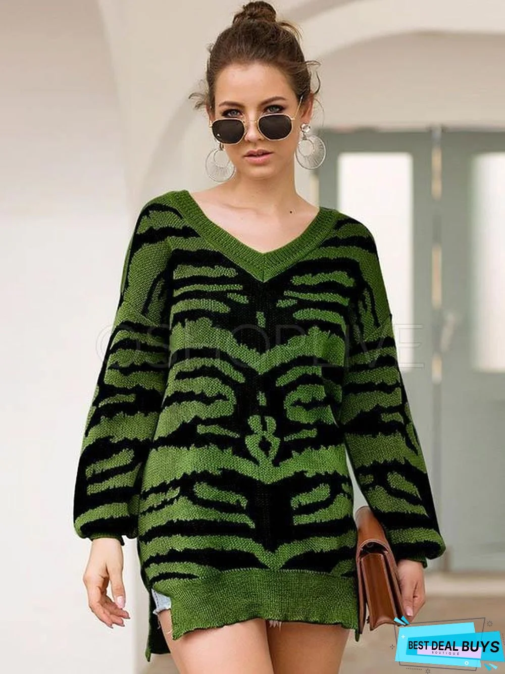 Printed Slit Long Sleeve V-Neck Sweater