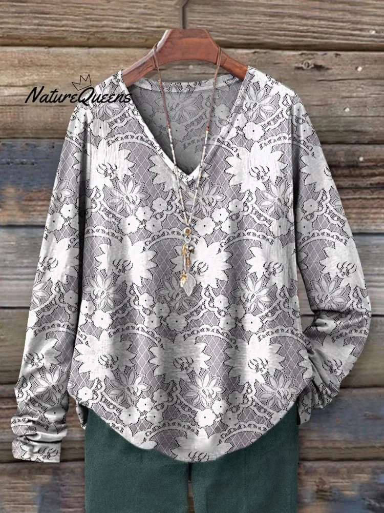Women's Vintage Lace Flower Art Print Casual V-neck Long Sleeve T-shirt
