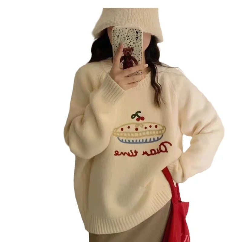 Churchf Churchf Winter 2023 Korean Version Of East Gate Round Collar Cake Jacquard Sweater Women's Fashion Loose Casual Long Sleeve Knitting