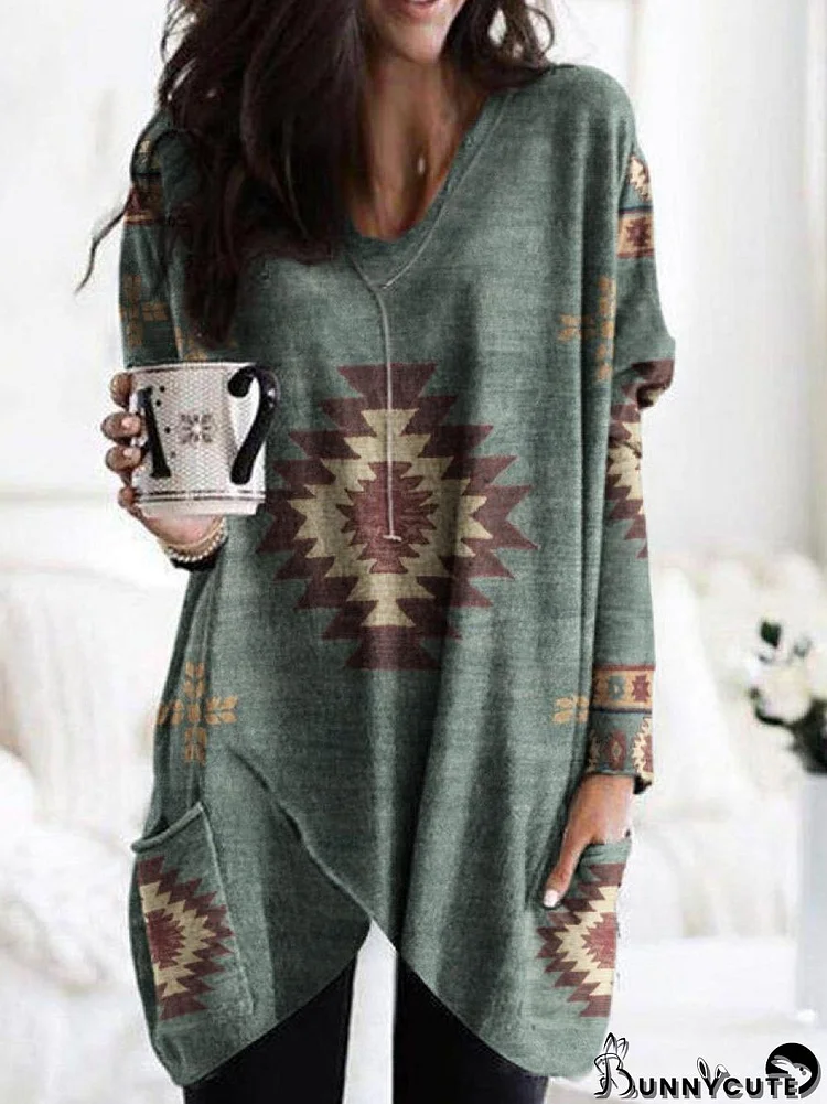 V-neck Casual Loose Geometric Print Long Sleeve T-shirt