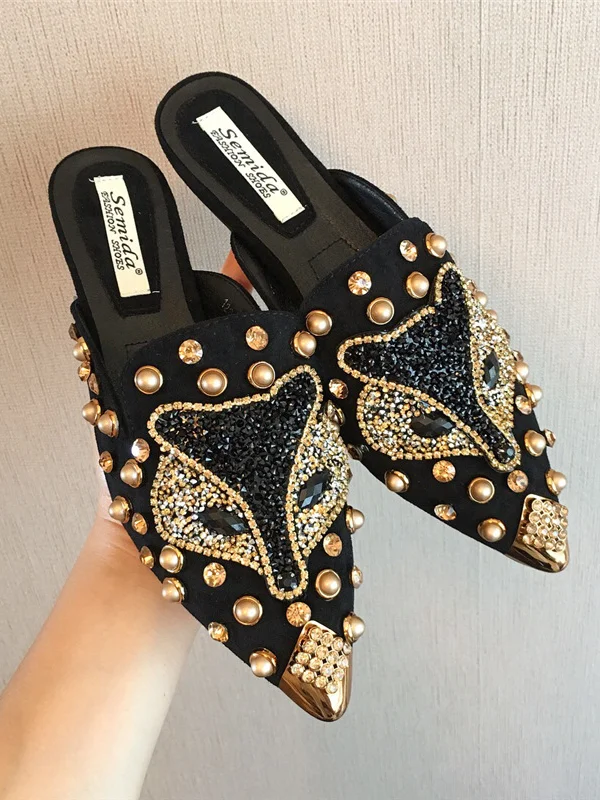 Fashion Rhinestones Rivets Mentals PU Pointy Toe Sandal