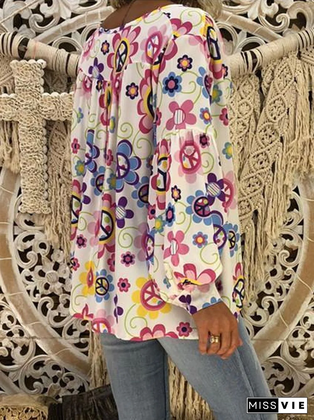 Women Loose Slim V-neck Print Puff Sleeve Long Sleeve T-shirt Tops