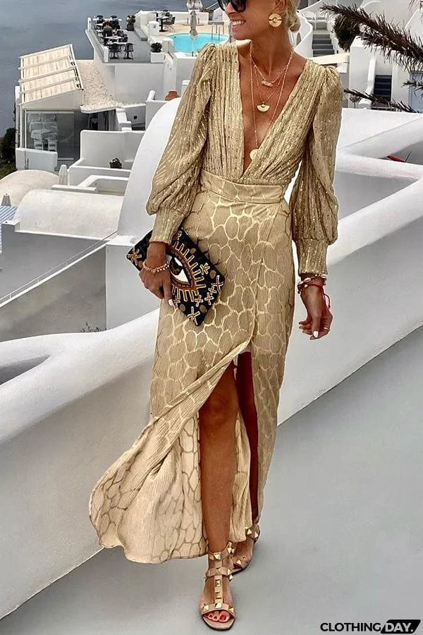 Gold Coast Long Sleeve V Neck Top Slit Skirt Set