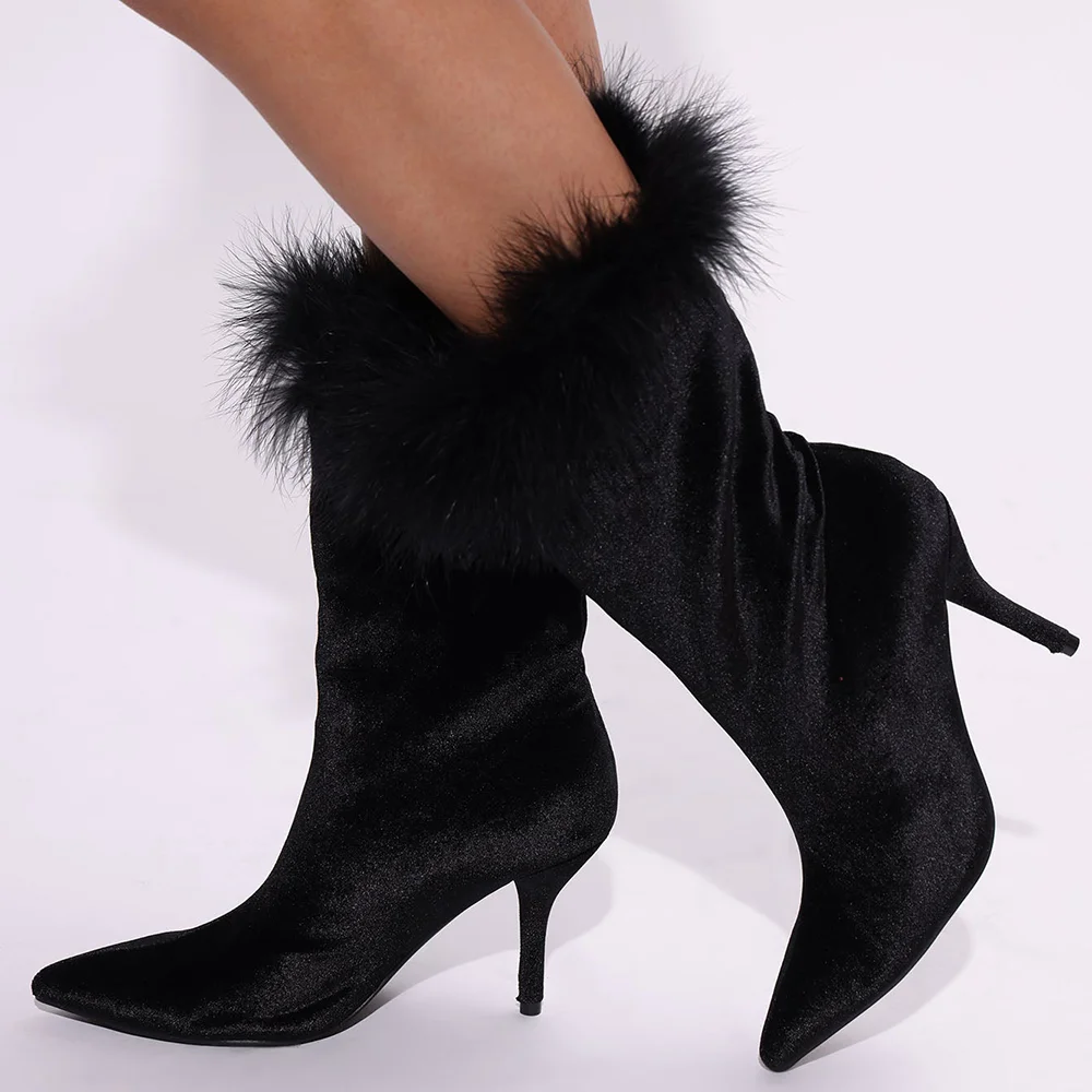 Black Pointed Toe Furry Ankle Boots Nicepairs
