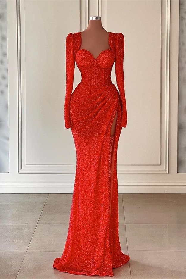 Luluslly Red Sweetheart Long Sleeves Mermaid Prom Dress Sequins With Slit