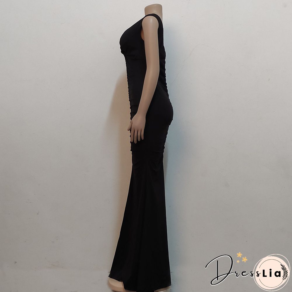 Low Cut Slash Neck Ruched Split Maxi Cocktail Dresses