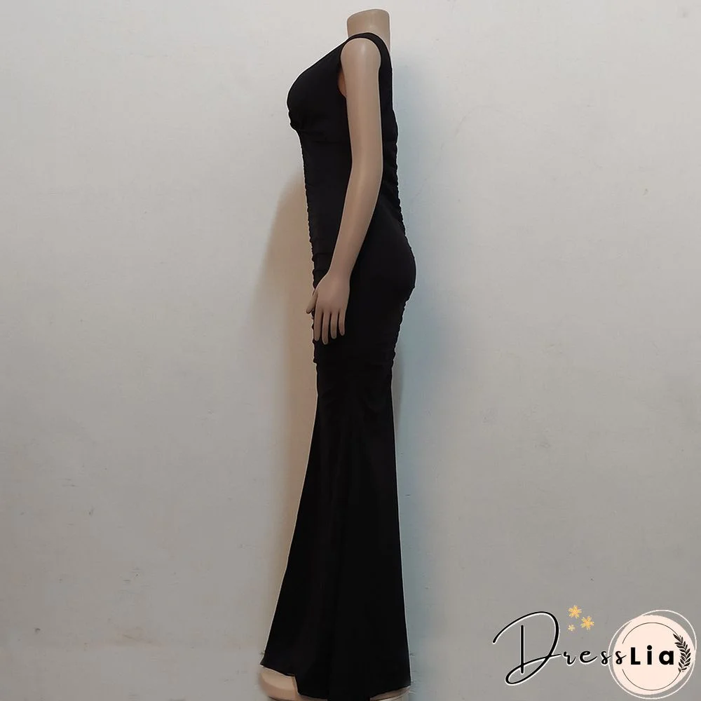 Low Cut Slash Neck Ruched Split Maxi Cocktail Dresses