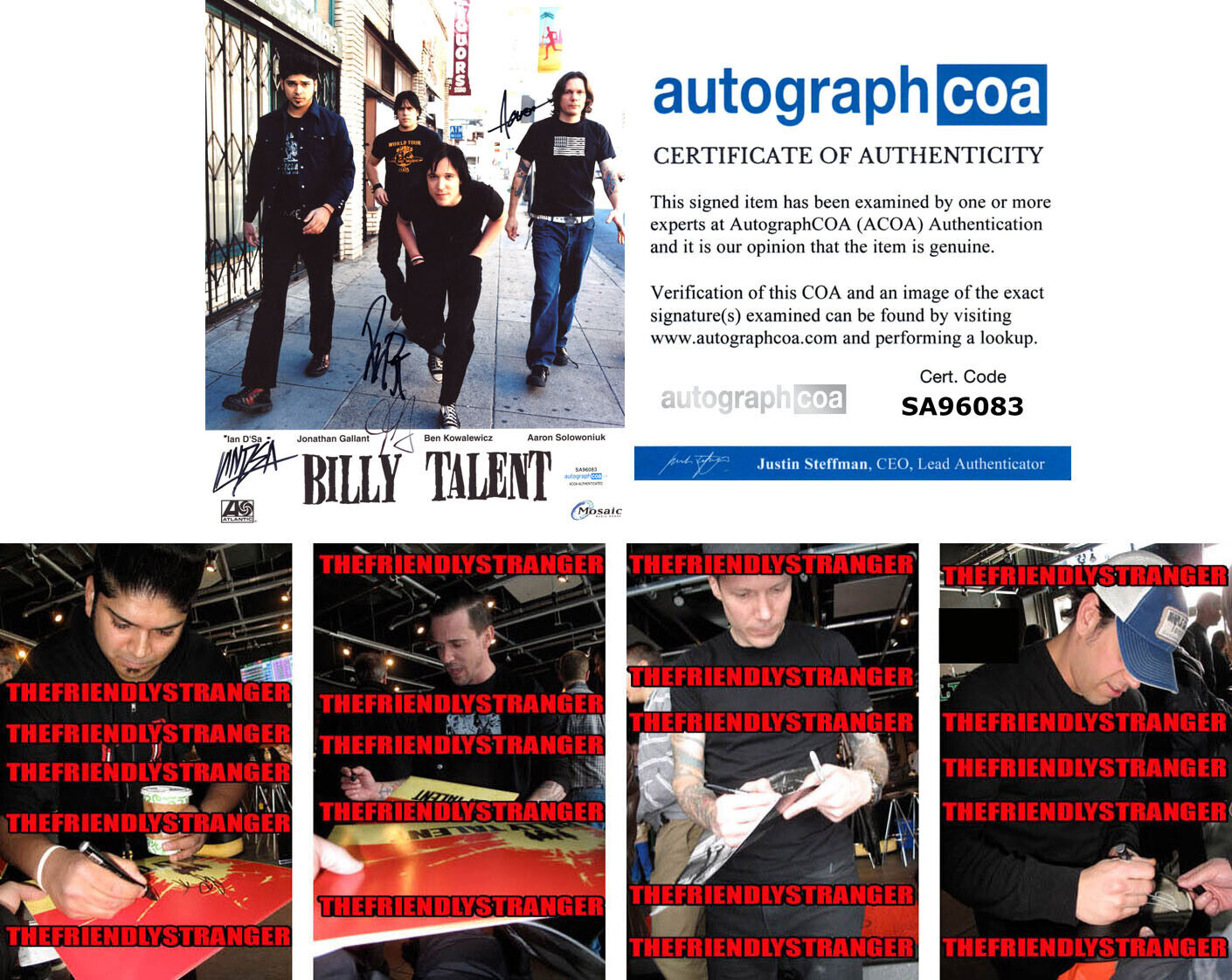 BILLY TALENT signed Autographed 8X10 Photo Poster painting PROOF All 4 BEN KOWALEWICZ - ACOA COA