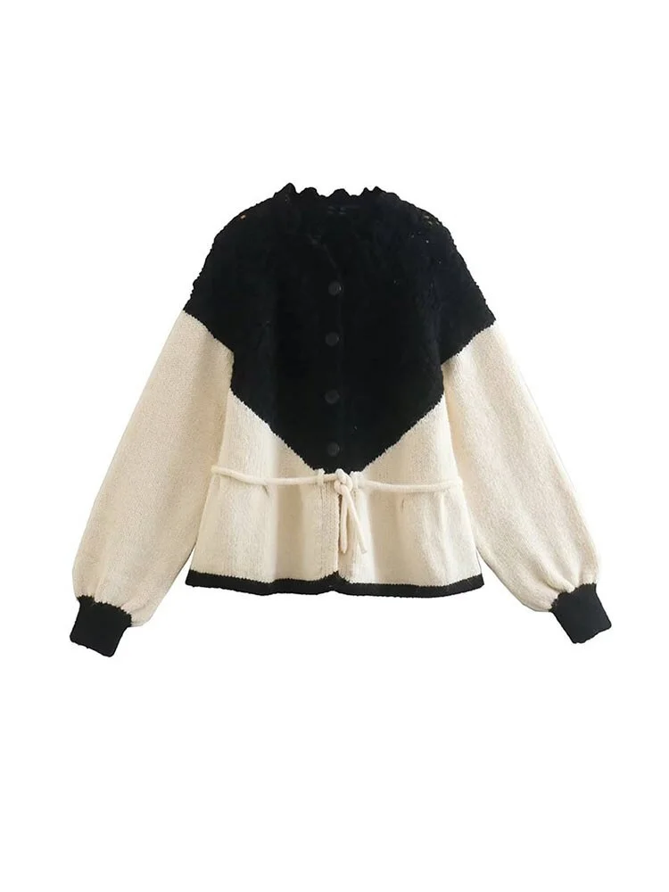 Lace Up Patchwork Knitted Cardigan Women Elegant Single-breasted Sweater Coat Spring Fashion Casual Female Thick Jacket